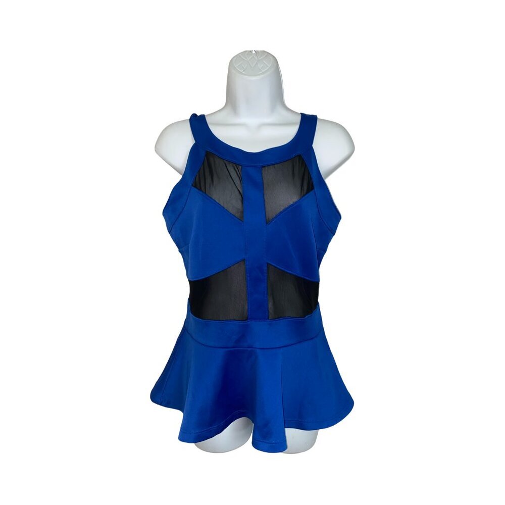 Sz.M*Top 10*Blue/Black Blouse With Black Sheer Insets & Peplum